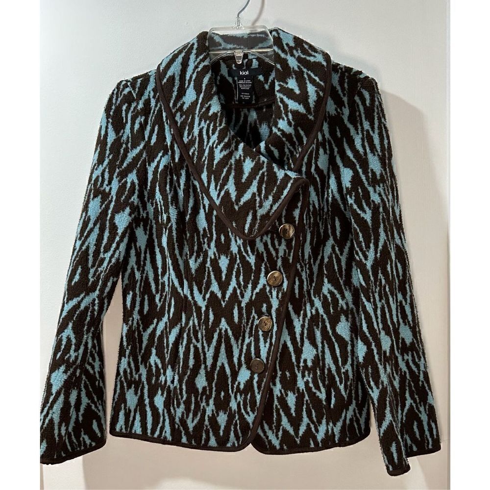 Anthropologie Kial women blue brown jacket w/bell sleeves button size S #27-0695